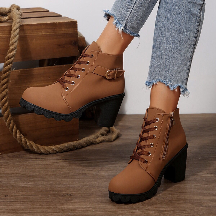 Side Zipper Buckle Strap Block Heel Ankle Boots