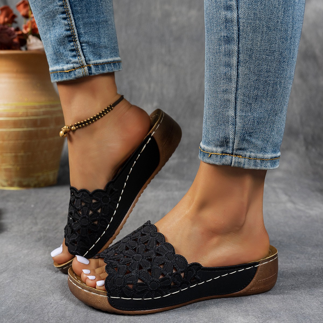 vintage hollow flower platform wedge casual slippers