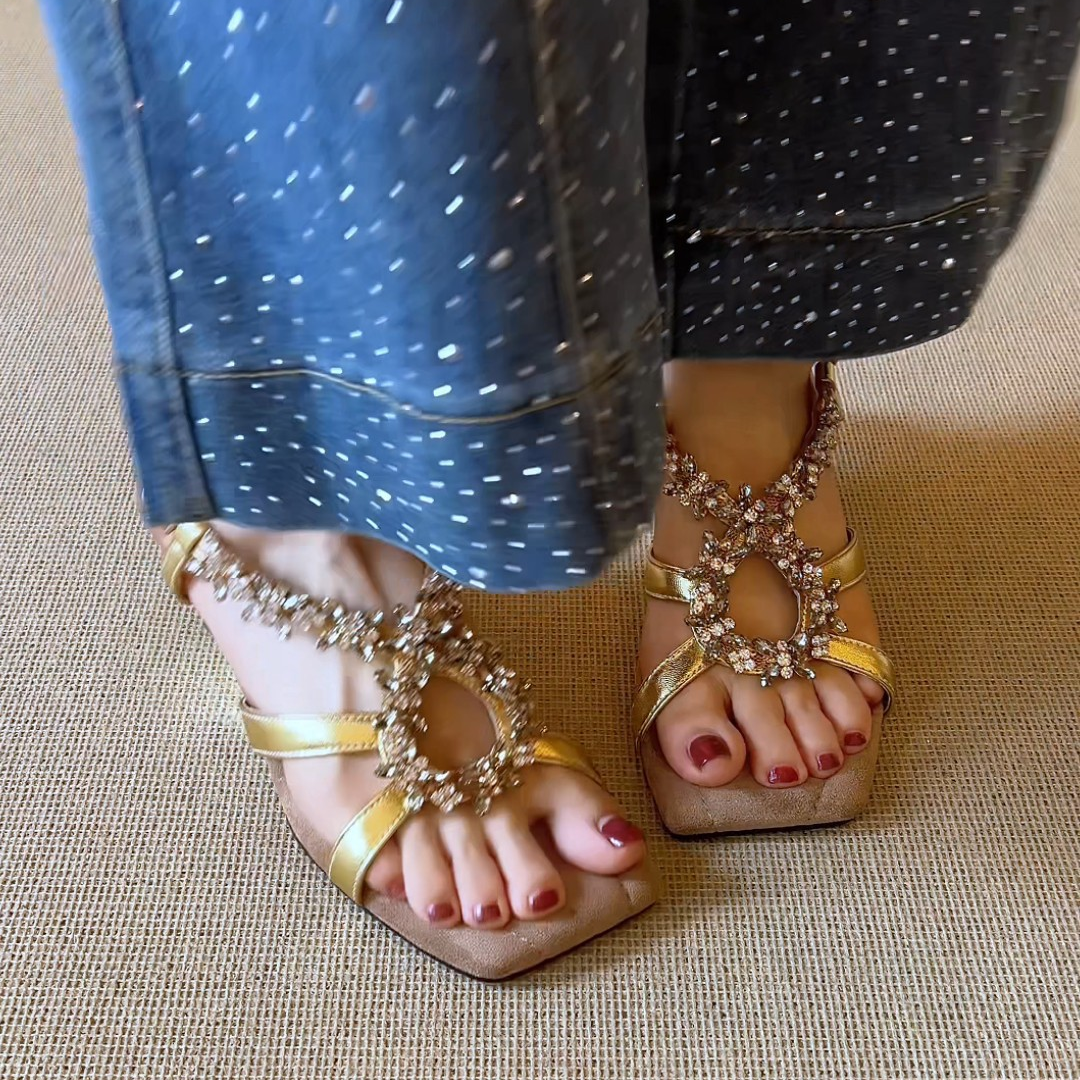 Crystal Embellished Square Toe Block Heel Sandals