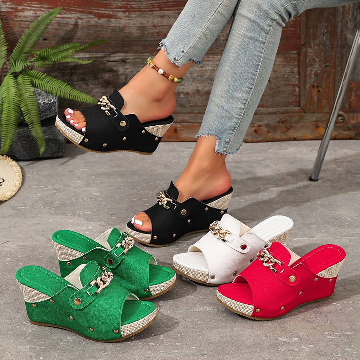 Chain Decor Peep Toe Platform Wedge Slide Sandals