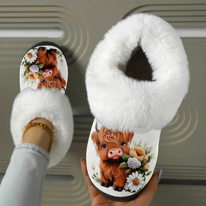 Highland Cow Print Fuzzy Collar Slippers