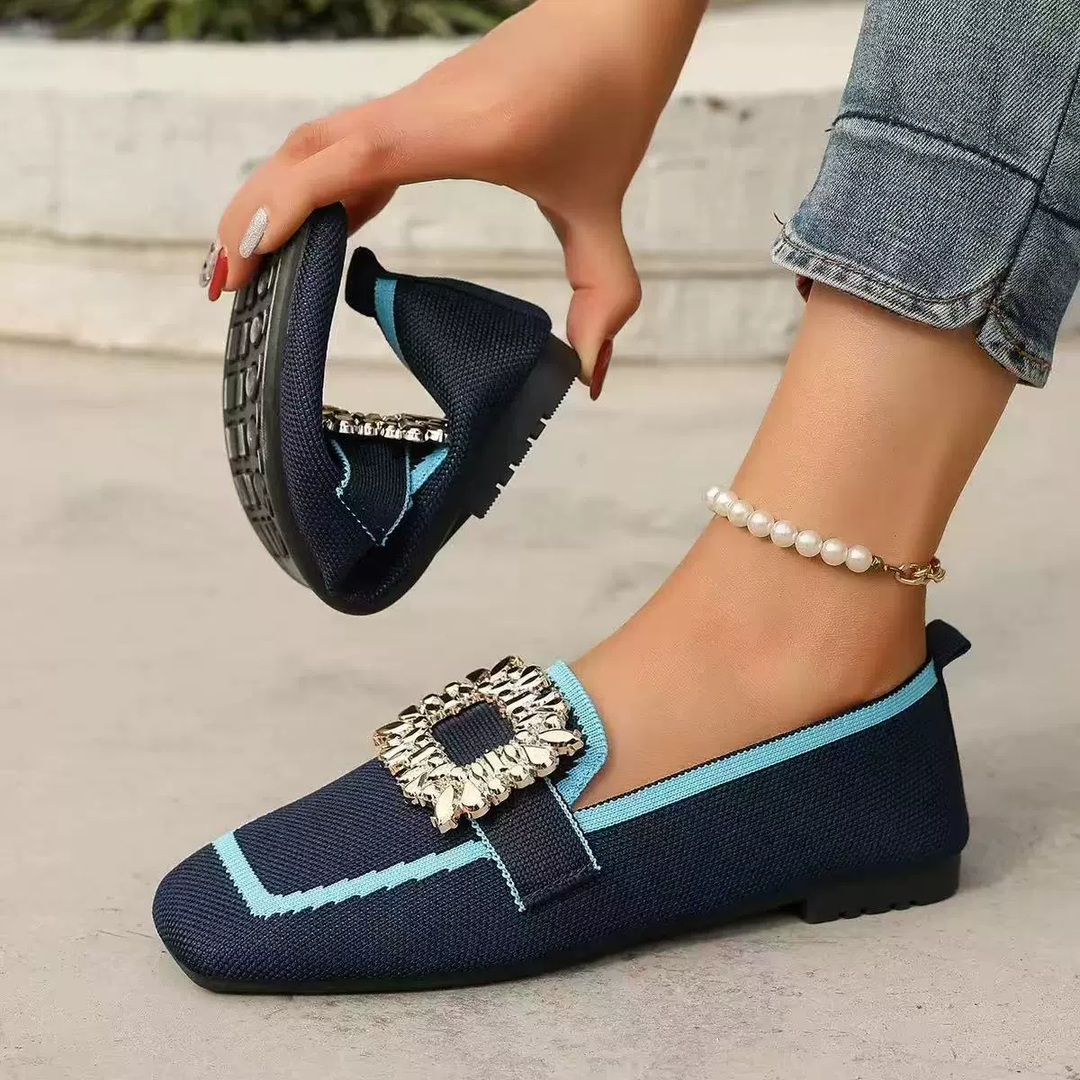 Rhinestone Buckle Knit Loafer Flats