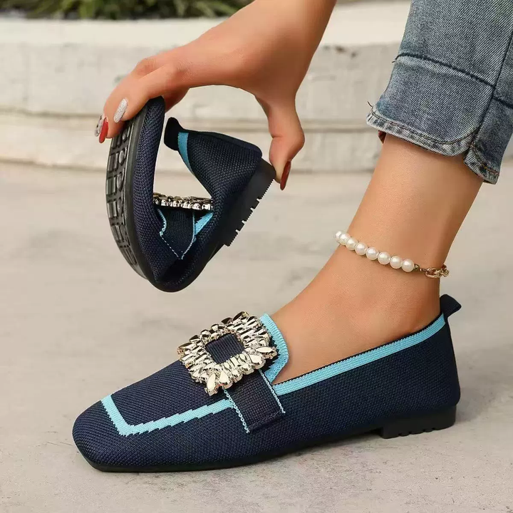 Rhinestone Buckle Knit Loafer Flats