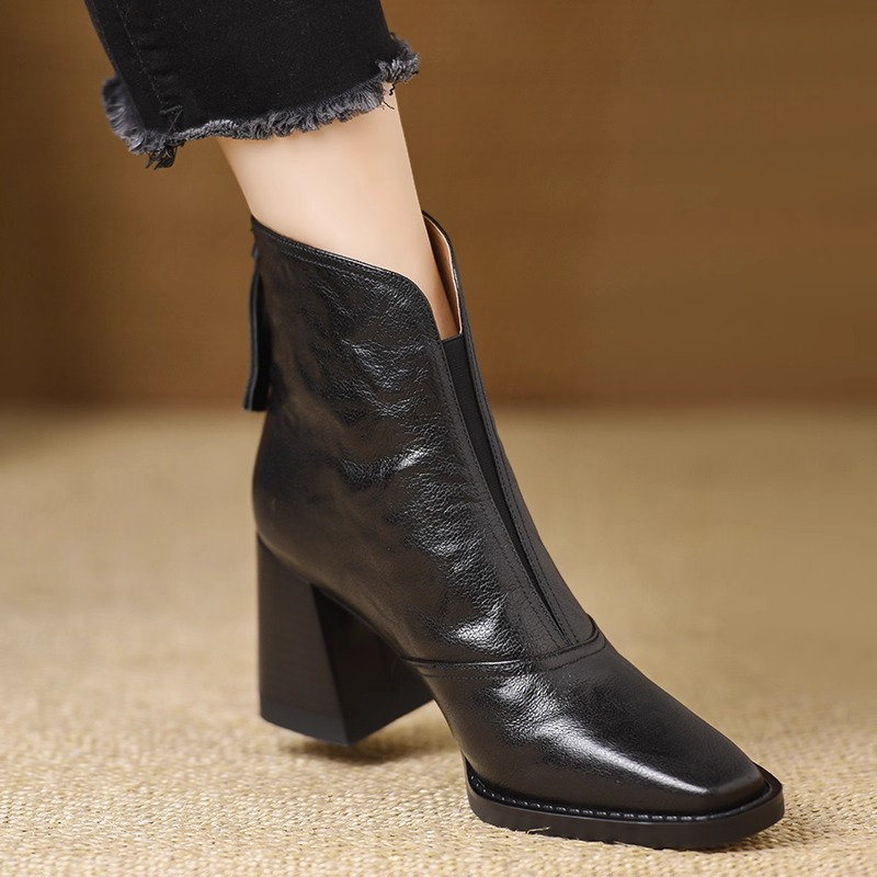 Square Toe Block Heel Back Zip Ankle Boots