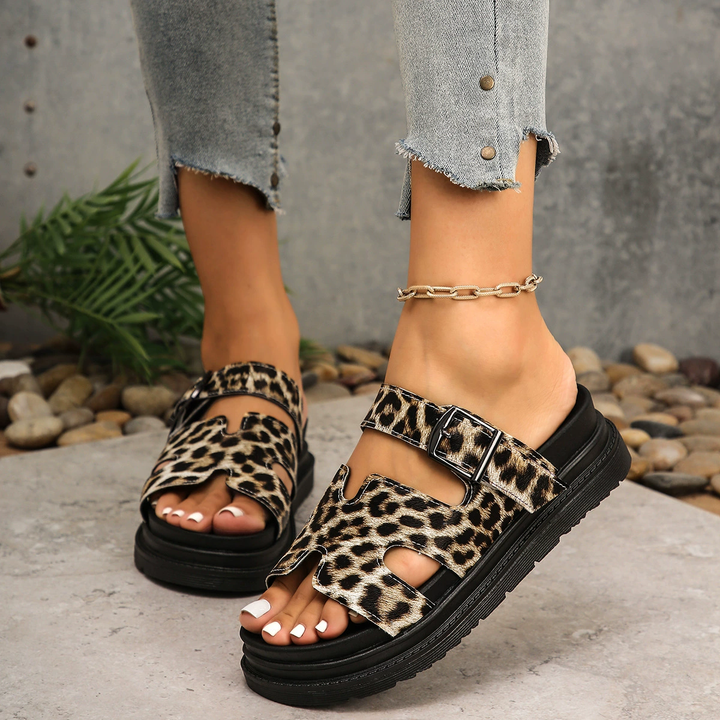 Leopard Print Buckle Strap Platform Slide Sandals