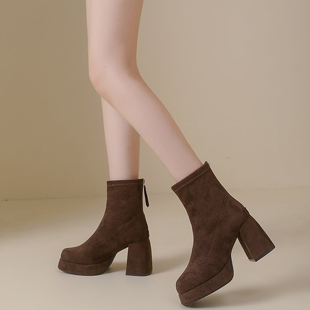 Platform Block Heel Back Zip Ankle Boots