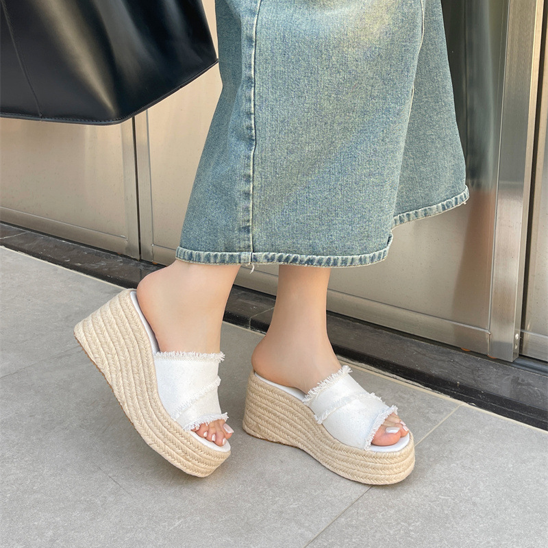 Frayed Denim Espadrille Wedge Slide Sandals