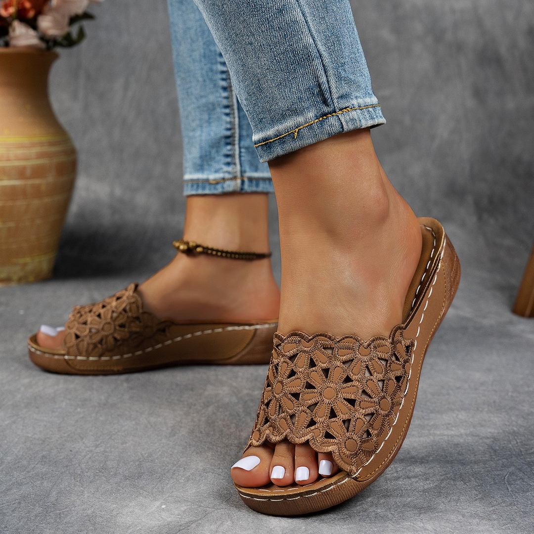 vintage hollow flower platform wedge casual slippers