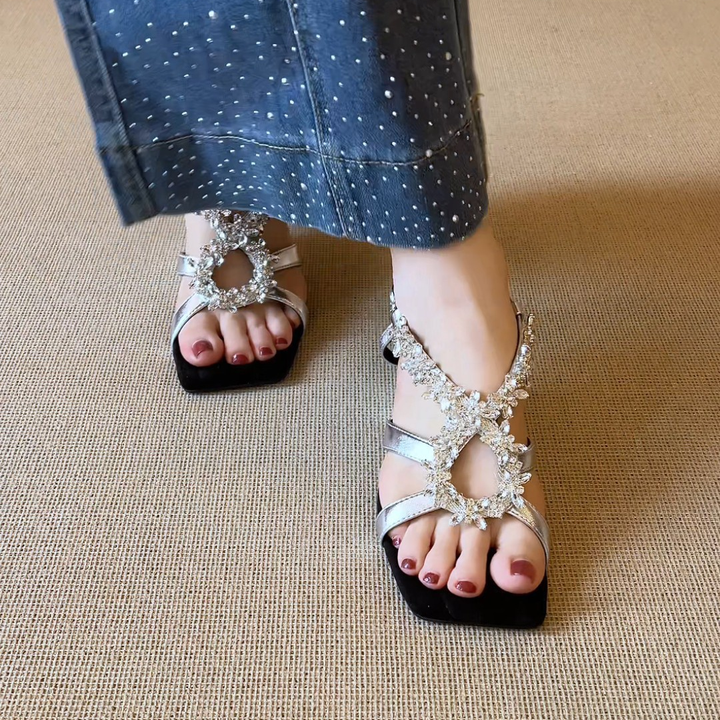 Crystal Embellished Square Toe Block Heel Sandals