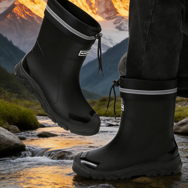 Drawstring Cuff Mid Calf Waterproof Outdoor Rain Boots