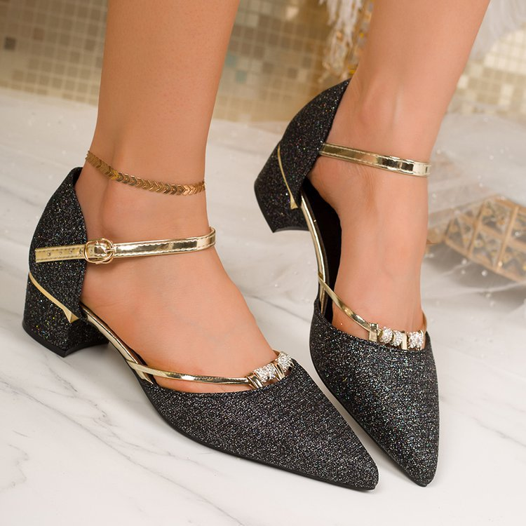 Glitter Pointed Toe Ankle Strap Low Heel Pumps