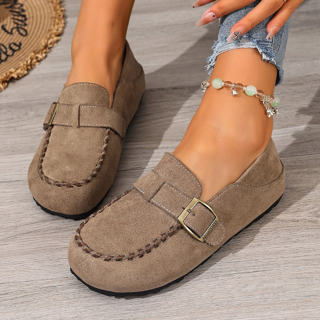 Buckle Decor Stitched Slip On Flat Loafers For Women