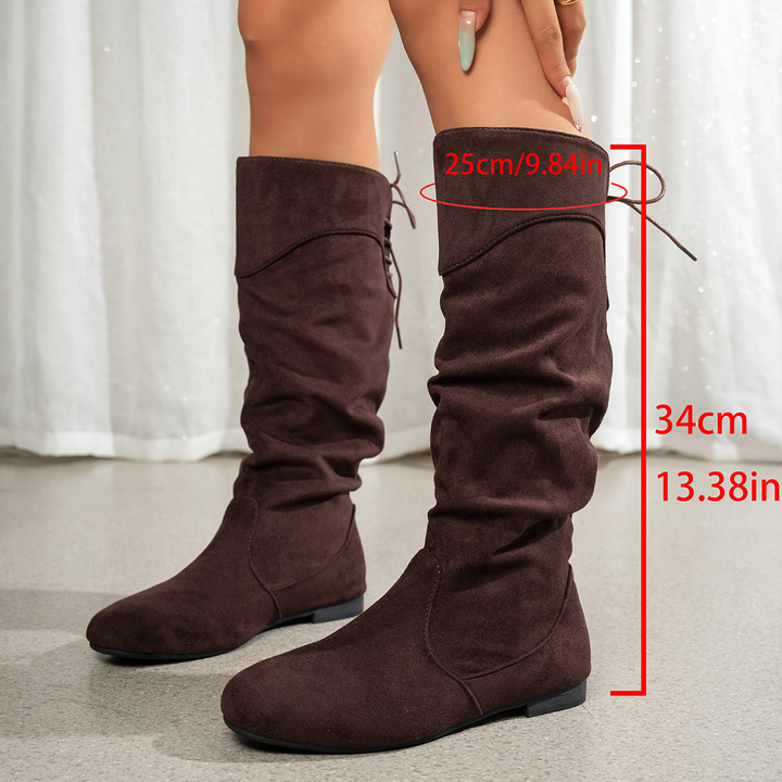 Ruched Knee High Boots Back Lace Up Flat Heel Boots
