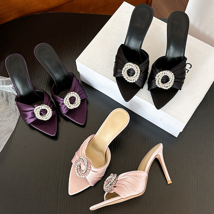 Satin Pointed Toe Rhinestone Circle High Heel Mules