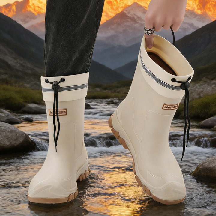 Drawstring Cuff Mid Calf Waterproof Outdoor Rain Boots