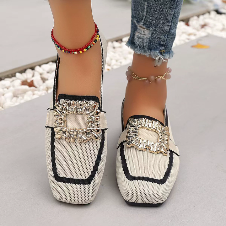 Rhinestone Buckle Knit Loafer Flats