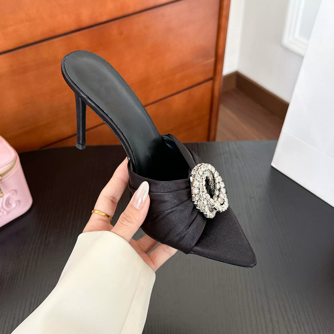 Satin Pointed Toe Rhinestone Circle High Heel Mules