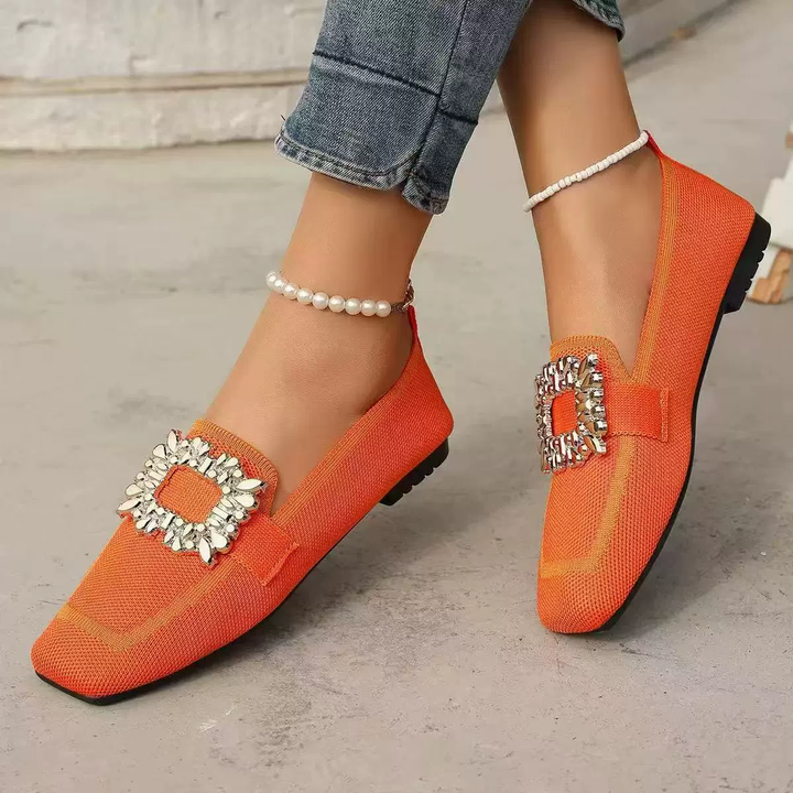 Rhinestone Buckle Knit Loafer Flats