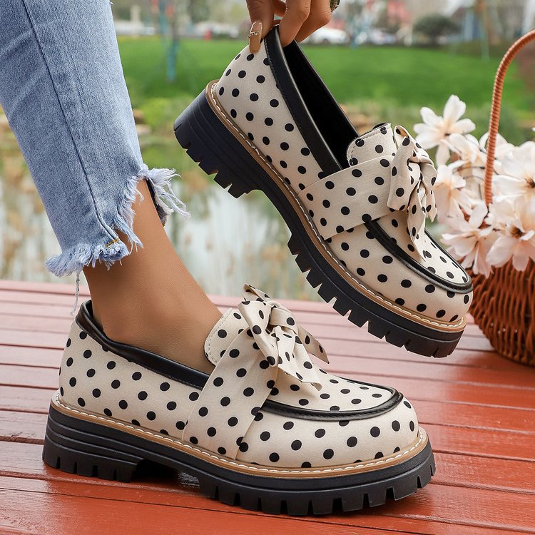Women Polka Dot Bow Chunky Sole Platform Loafer