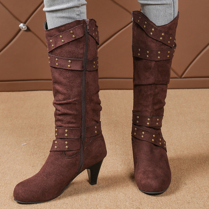 Side Zip Rivet Decor Straps Mid‑Calf Heeled Boots