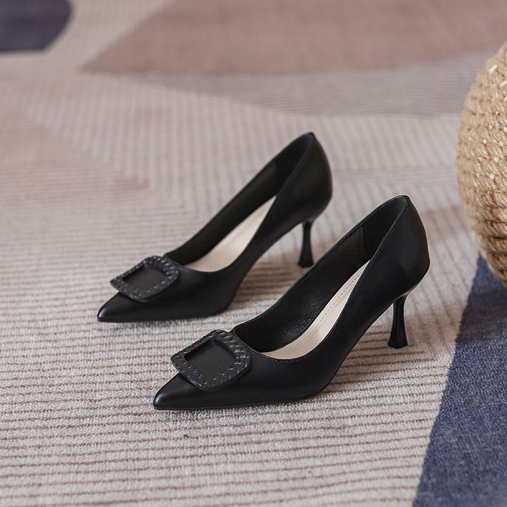 Chic Square Ornament Pointed Toe Kitten Heel Pumps