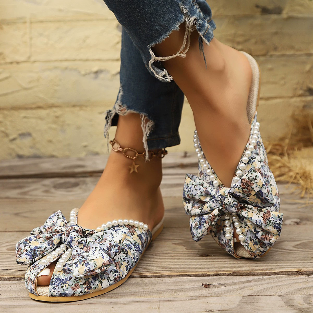 Floral Pearl Bow Open Toe Flat Slides