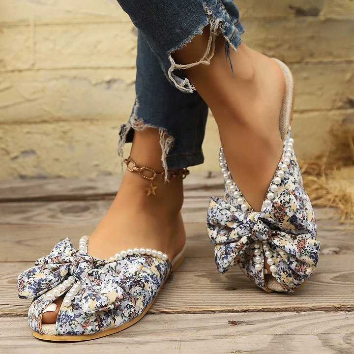 Floral Pearl Bow Open Toe Flat Slides
