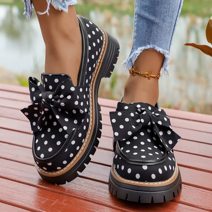 Women Polka Dot Bow Chunky Sole Platform Loafer