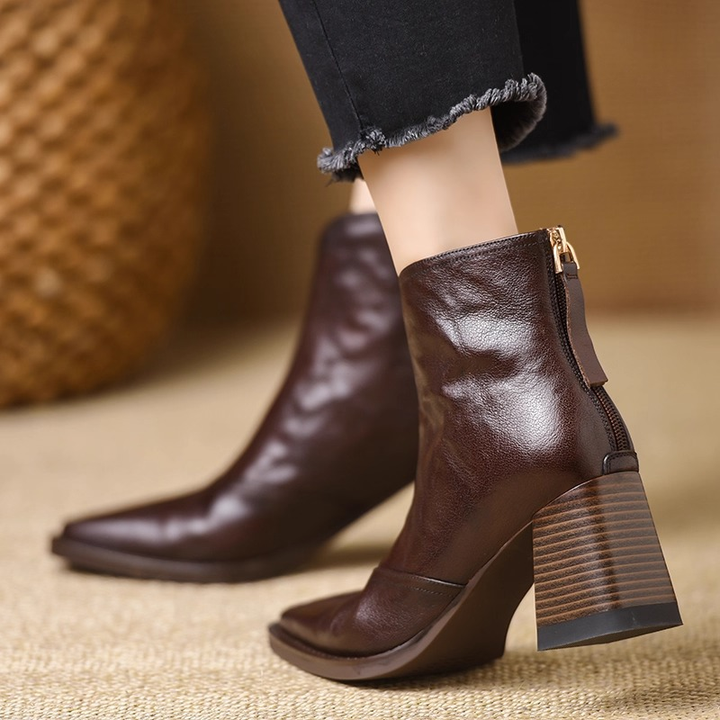 Square Toe Block Heel Back Zip Ankle Boots