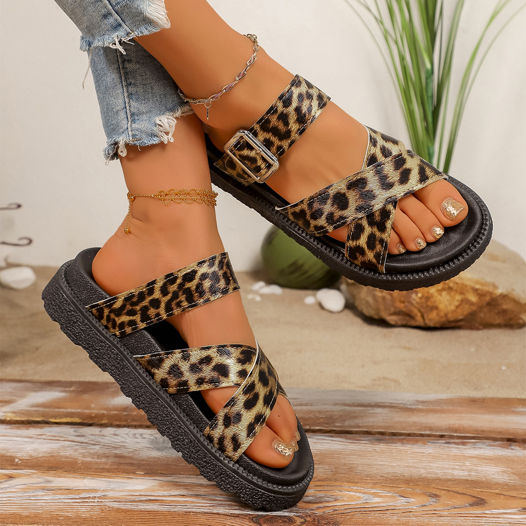 Leopard Print Buckle Strap Platform Slide Sandals
