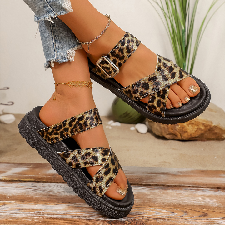 Leopard Print Buckle Strap Platform Slide Sandals