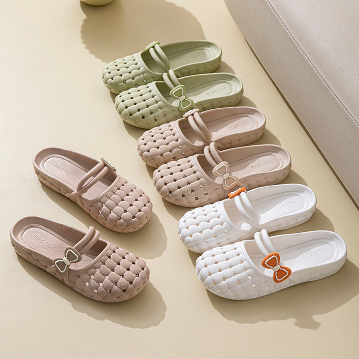 Women Bow Decor Hollow Out Closed Toe Slide Slippers