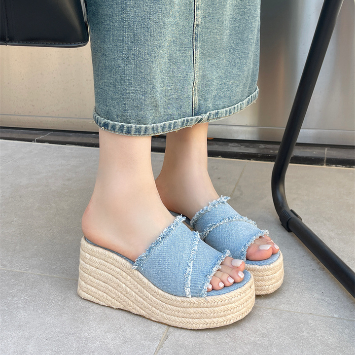 Frayed Denim Espadrille Wedge Slide Sandals