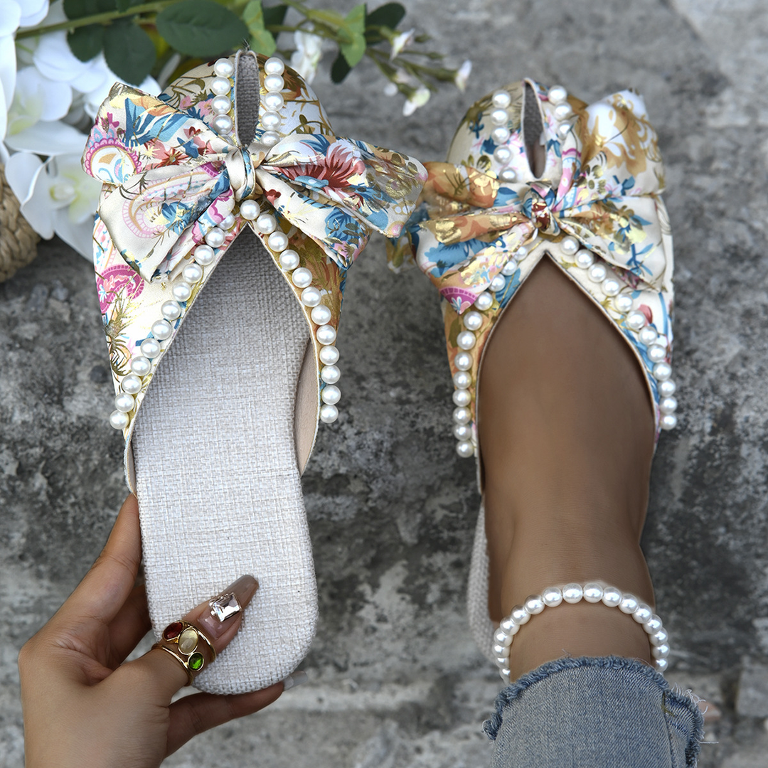 Floral Pearl Bow Open Toe Flat Slides