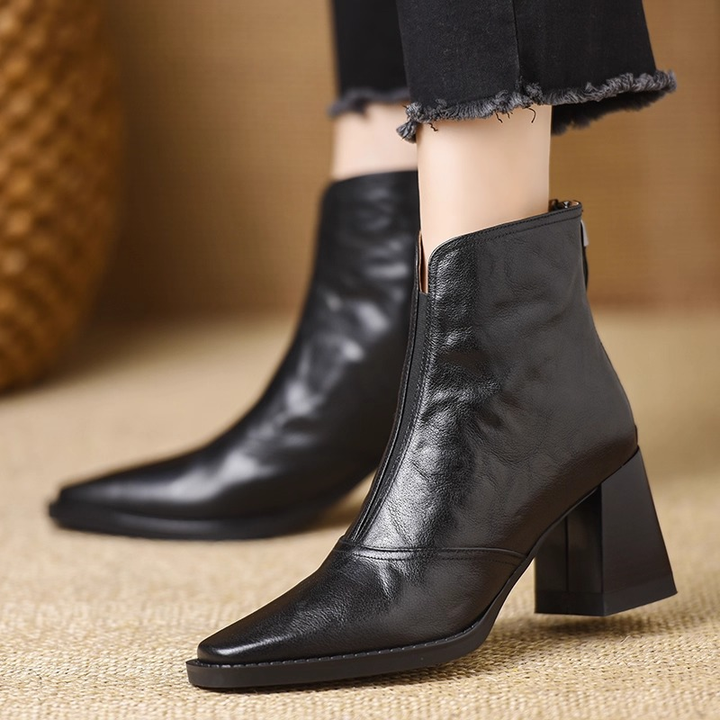 Square Toe Block Heel Back Zip Ankle Boots