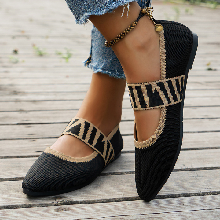 Women Knit Pointed Toe Mary Jane Flat Shoes