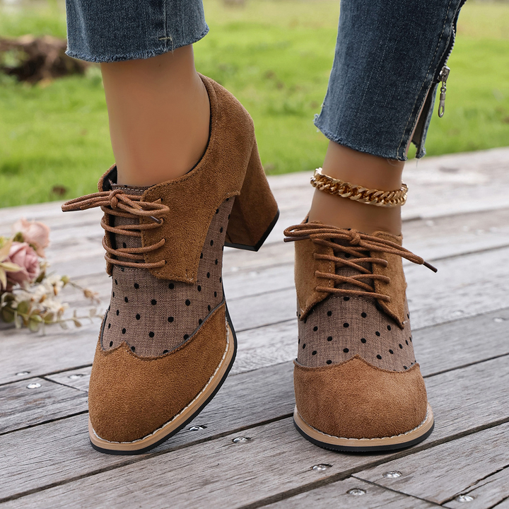 Vintage polka-dot lace-up high-heeled shoes