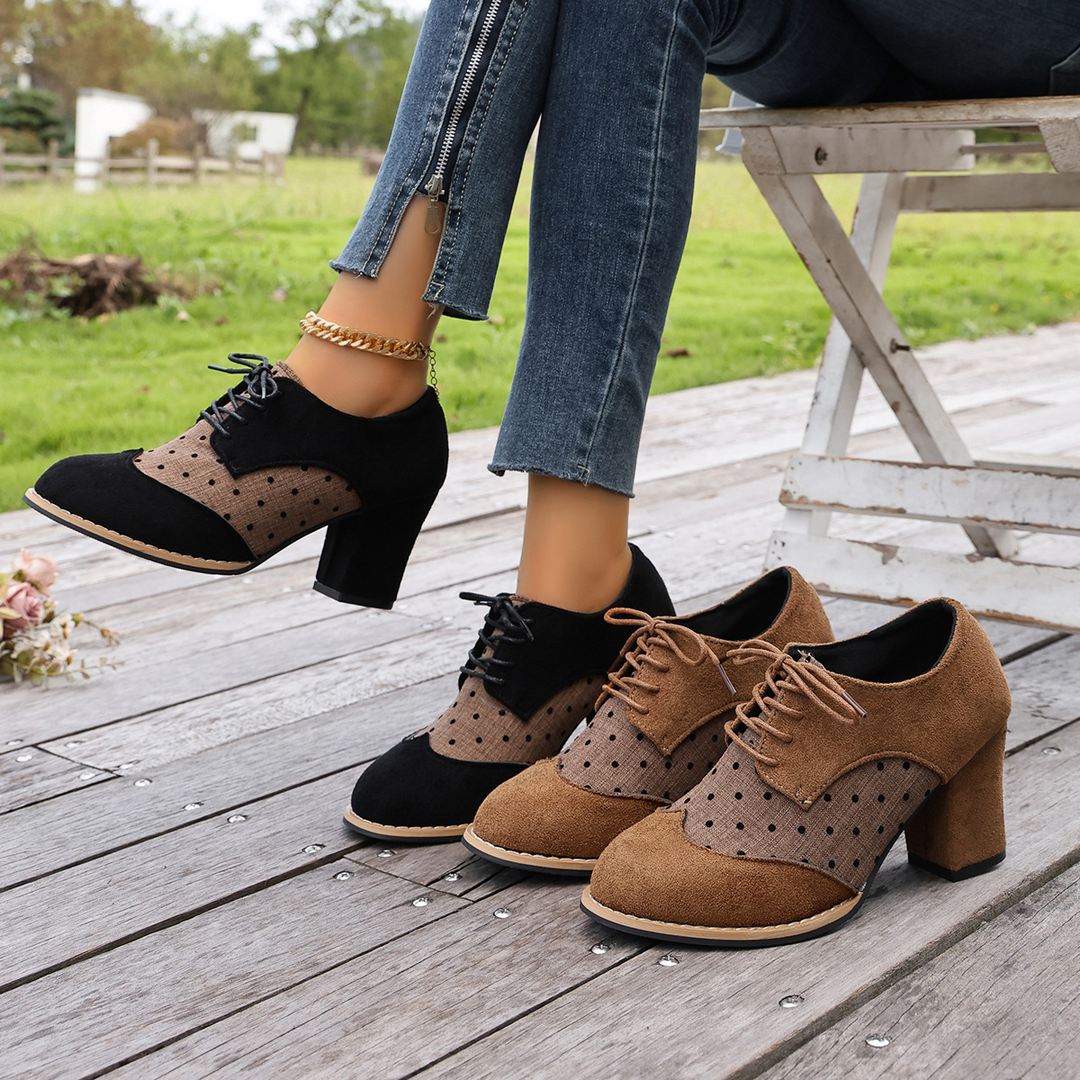 Vintage polka-dot lace-up high-heeled shoes