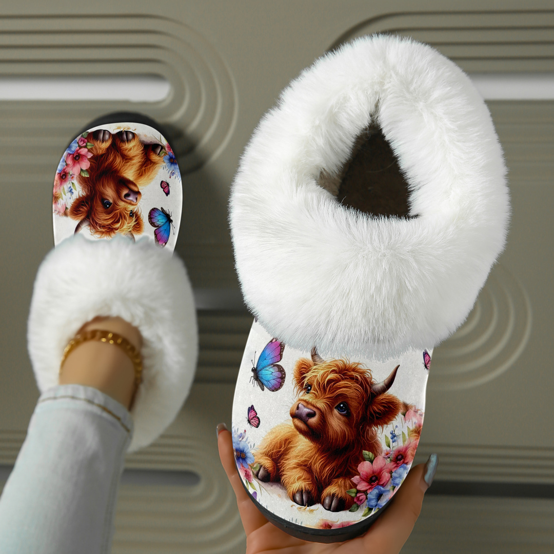 Highland Cow Print Fuzzy Collar Slippers