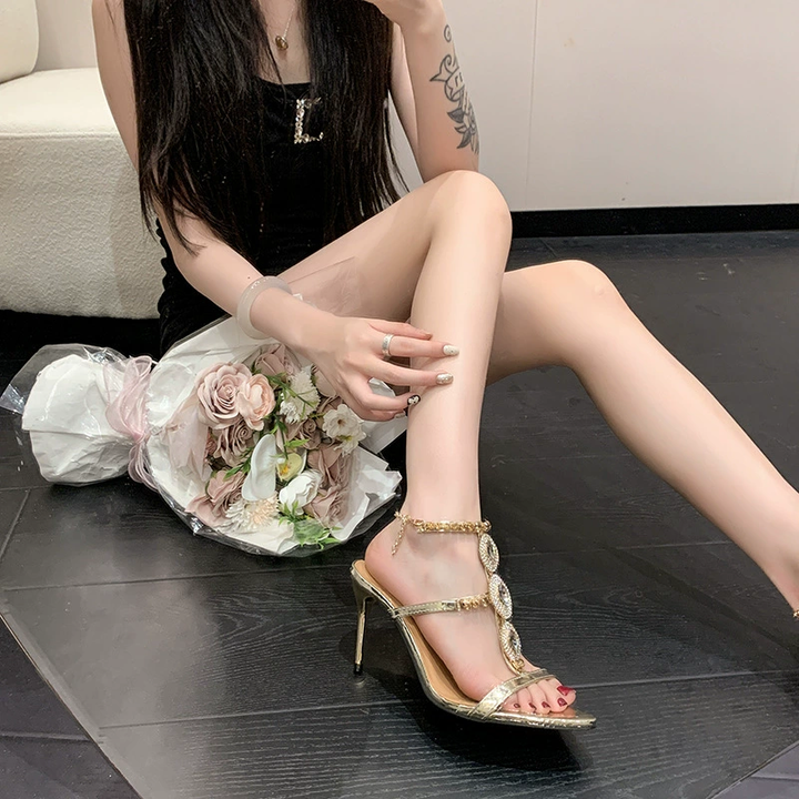 Diamond Embellished Pointed Toe High Heel Sandals