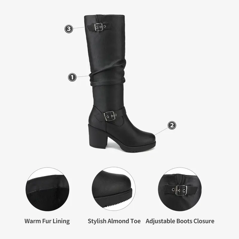 Buckle Ruched Knee High Block Heel Boots
