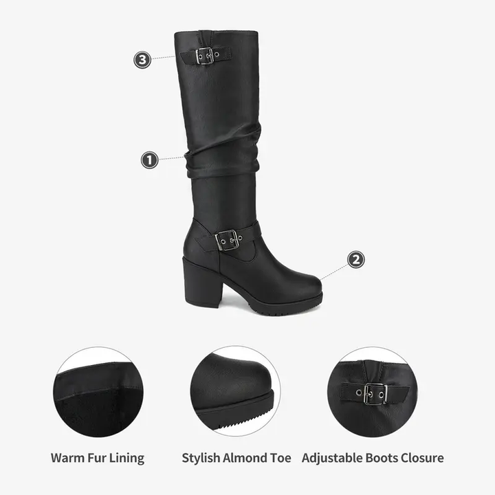Buckle Ruched Knee High Block Heel Boots