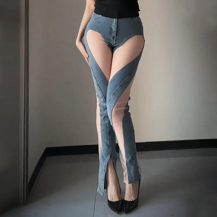 Net sand see-through split elastic slim fit hip-lifting jeans